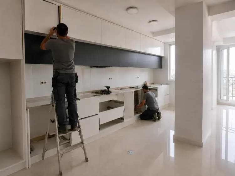 مرحله نصب کابینت مدرن در پروژه چیتگر با حضور نصاب‌ها، کابینت‌های سفید و طوسی و اجرای بخش‌های مختلف آشپزخانه