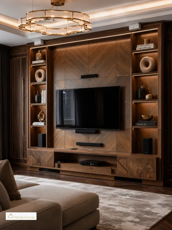 تی وی وال چوبی مدرن با نورپردازی مخفی، شلف دکوراتیو و میز تلویزیون یکپارچه