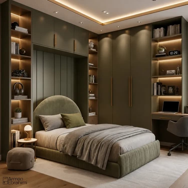 Modern Olive Green Teen Bedroom Design.webp