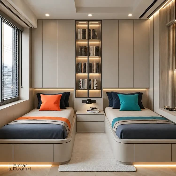Modern Twin Kids’ Bedroom with Glass Bookcase.webp