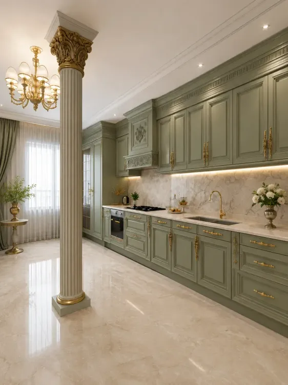 کابینت کلاسیک سبز سدری با رنگ پلیاورتان، یراقآلات طلایی و کف سنگی یکدست