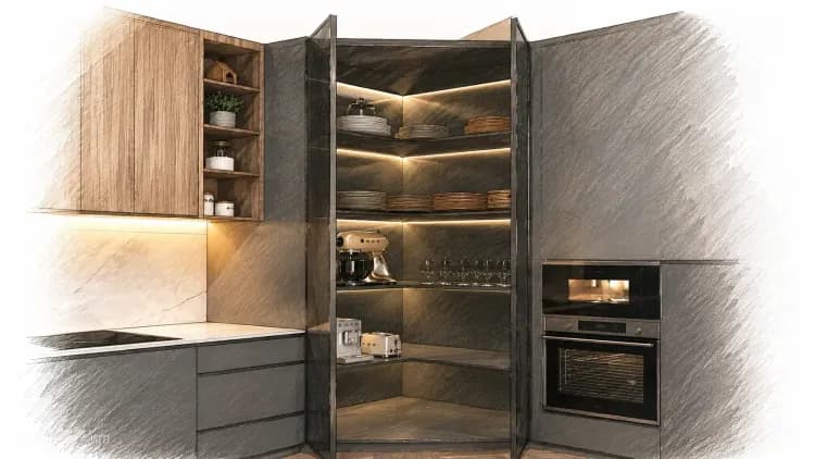طراحی سه بعدی کابینت پنتری کنج آشپزخانه با نورپردازی لاینر و سبک مدرن لوکس