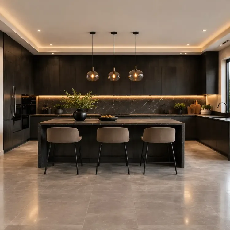 کابینت آشپزخانه مدرن مشکی با جزیره مرکزی، صفحه سنگی تیره و نورپردازی مخفی.